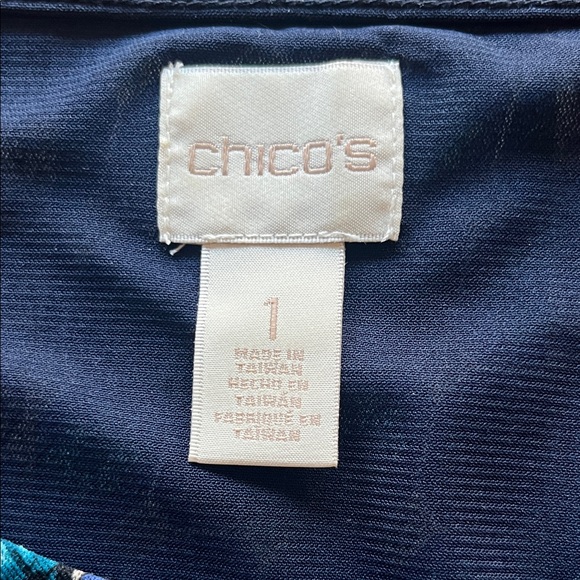 Chico’s Elegant Blue Patterned Long Sleeve Top Sz 1 - Picture 7 of 13